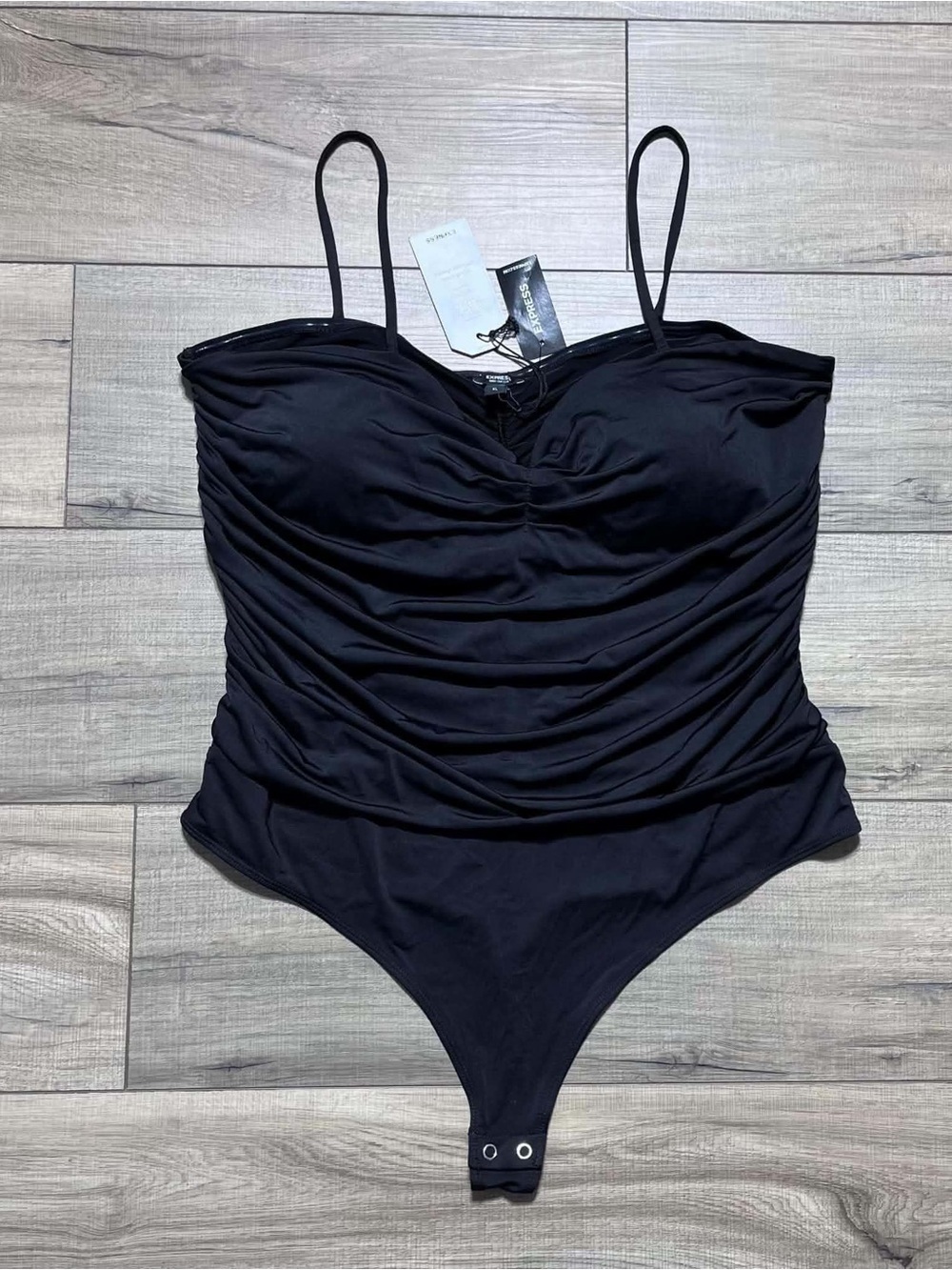 Express Body Contour Womens Compression Ruched Bodysuit With Bra Cups XL Black